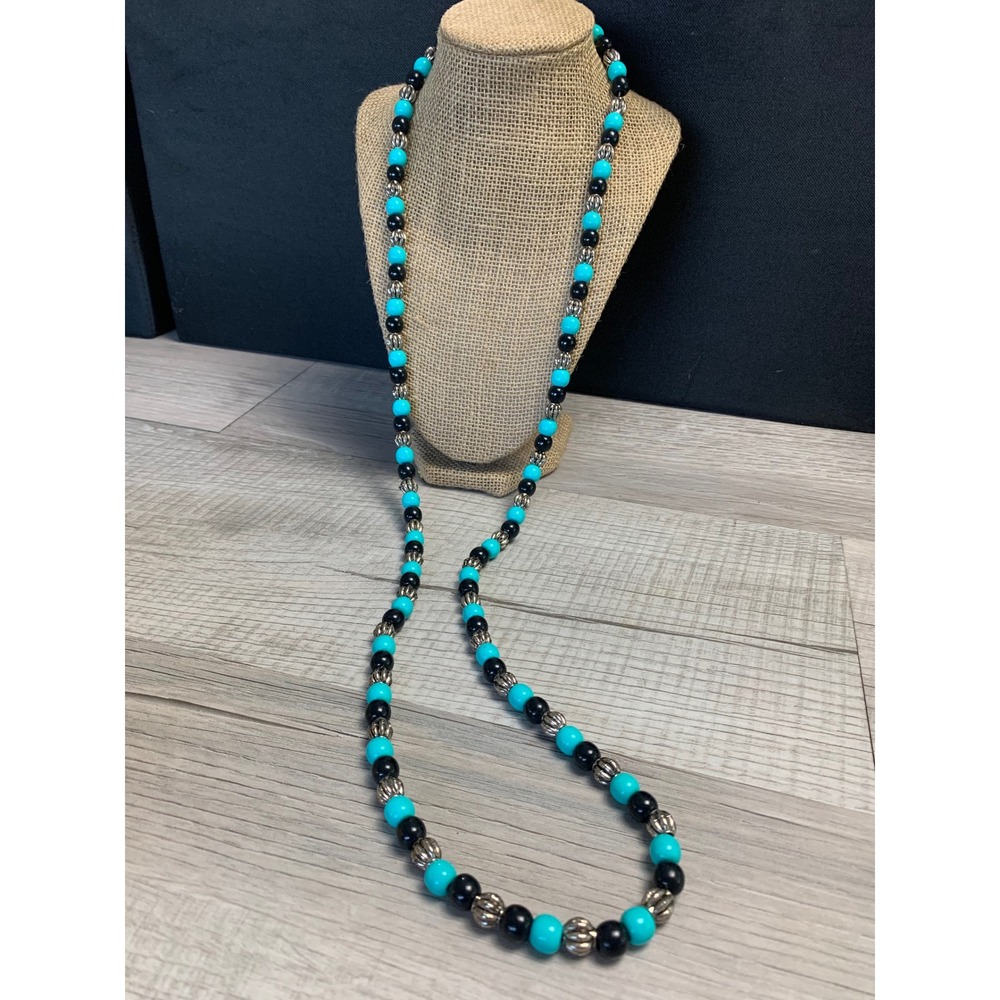 Turquoise Black Silver Beaded Long Strand‎ Necklace 44 Inch Southwestern Boho